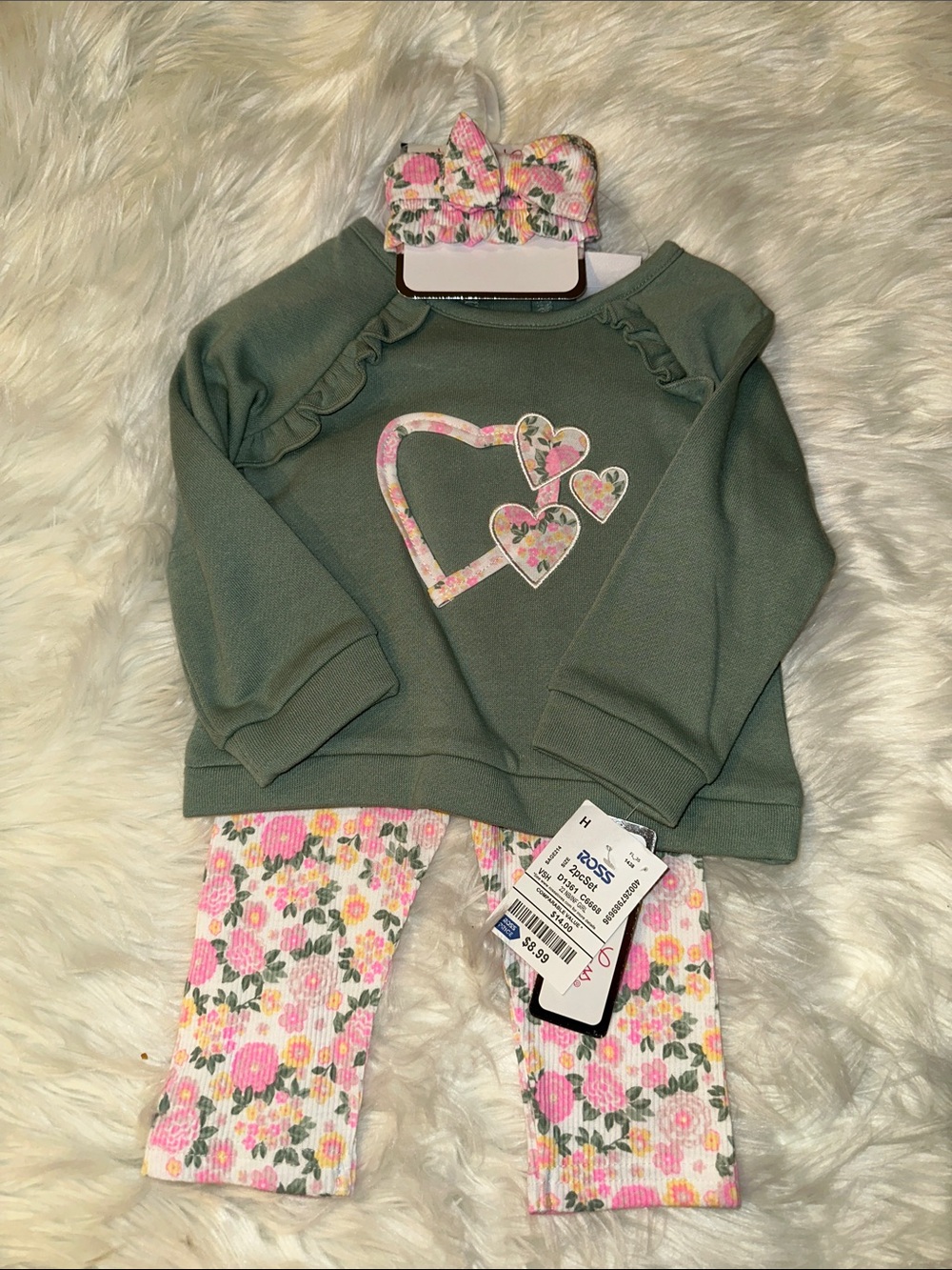 Little Lass Olive Top with Pink Floral Heart Leggings & Headband